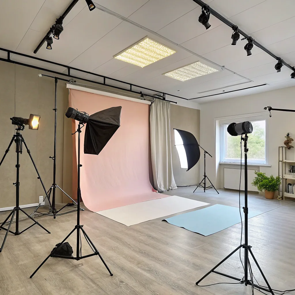 A beautifully set photo studio with lighting equipment and backdrops